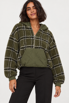 Plaid Fleece Half-Zip Hoodie - Size: L/XL