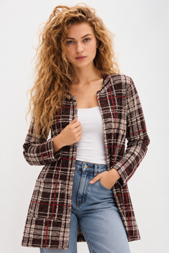 Burgundy and Cream Tweed Jacket- Size: S