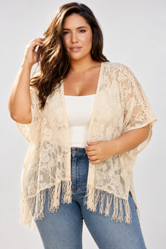 Cream Lace Fringe Kimono- Size: Free Size