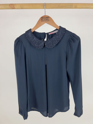 Beaded Pan Collar Flowy Blouse - Size: S