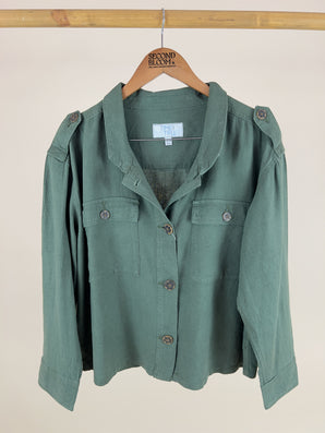 Linen Over Shirt in Olive Green - Size: L