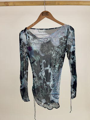 100% Silk Vintage Print Blouse - Size: S/M