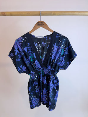 Deep Navy Bold Floral Print Blouse- Size: XL