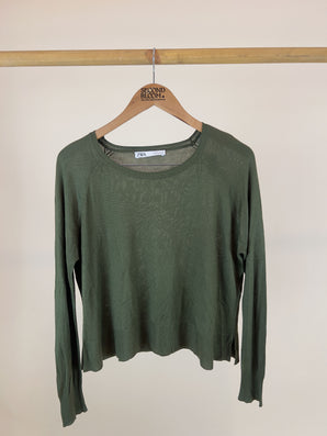 Zara Khaki Green Lightweight Knit Sweater - Size:S
