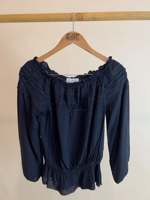 Off the Shoulder Black Blouse with Lace Detail - Size: S