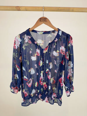 Deep Navy Blouse with all-over Floral Print - Size: M
