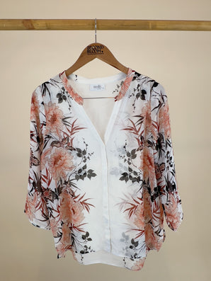 White Base Blouse with Blush Pink Floral Blooms - Size: M