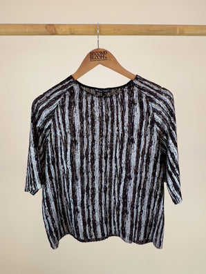 Metallic Silver Brown Striped Blouse - Size: M
