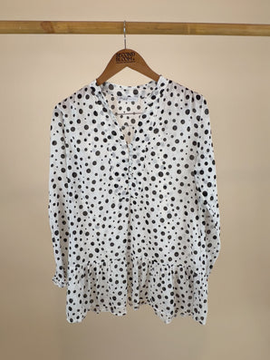 Silk Cotton Ruffled Blouse with Polka Dots - Size: XL