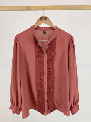 Maroon Lace Trim Blouse-Size: XXL