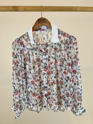 Floral Chiffon Blouse with Peter Pan Collar-Size: M