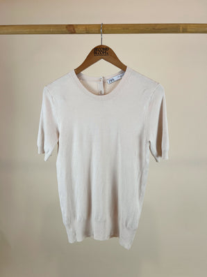 Beige Knit Short Sleeve Sweater-Size: L