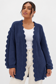Scalloped Trim Cotton Cardigan - Size:XXL