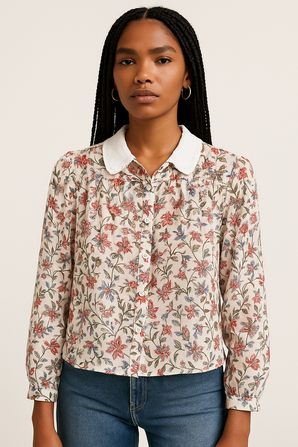 Floral Chiffon Blouse with Peter Pan Collar-Size: M