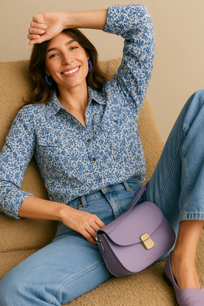 Woman sitting on a couch holding a purple handbag, wearing a blue floral shirt and jeans.