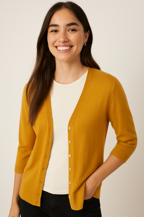 Mustard Yellow Cardigan in Wool and Cotton Blend-Size:XL