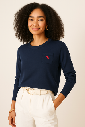 Cotton & Wool Knit Sweater in Deep Navy Color-Size: M