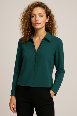 Classic Winter Blouse in Teal Green-Size: L