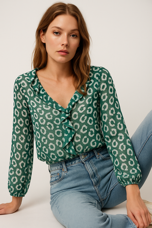 Leopard Print Frill Blouse - Size: M