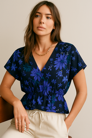 Deep Navy Bold Floral Print Blouse- Size: XL