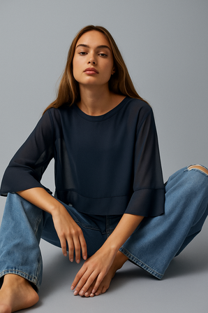 Black Layered Blouse with Sheer Sleeves _Size: S