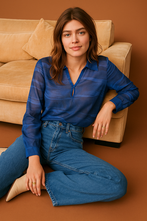 100% Silk Blouse in Royal Blue Color-Size: M/L