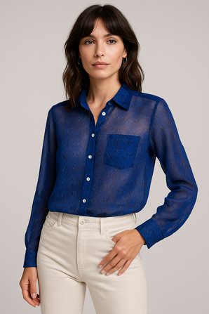 Cobalt Blue Blouse with jacquard-like Pattern - Size: S