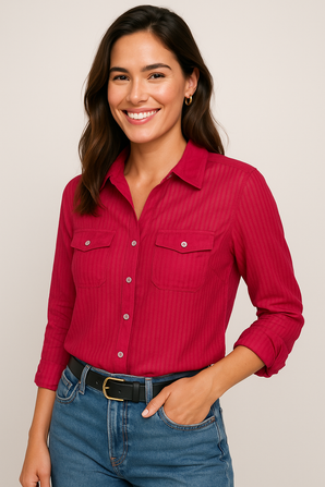 Woman wearing a red shirt and blue jeans against a beige background