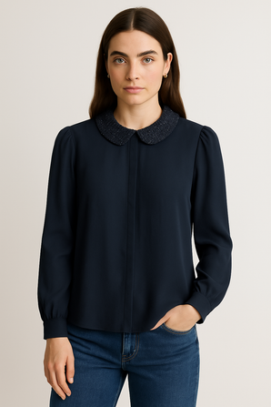 Beaded Pan Collar Flowy Blouse - Size: S
