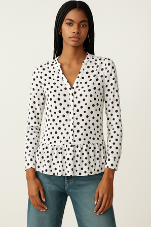 Silk Cotton Ruffled Blouse with Polka Dots - Size: XL