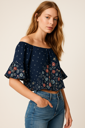 Viscose Cropped Top with Wide Bell Sleeves - Size: M