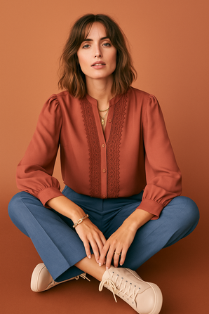 Maroon Lace Trim Blouse-Size: XXL