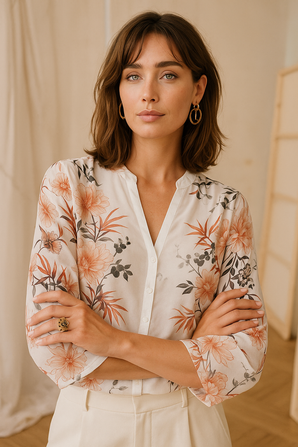 White Base Blouse with Blush Pink Floral Blooms - Size: M