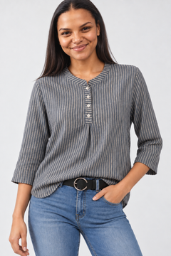 Striped Cotton Blouse with Metallic Thread- Size: M/L