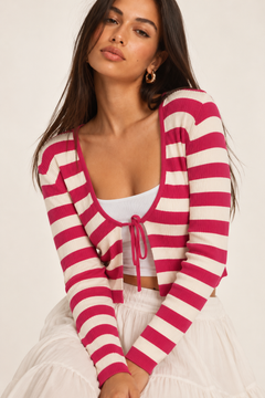 Pink Striped Knit Cardigan - Size: L