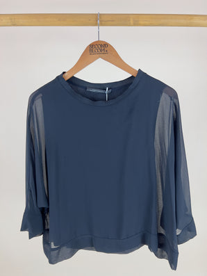 Black Layered Blouse with Sheer Sleeves _Size: S