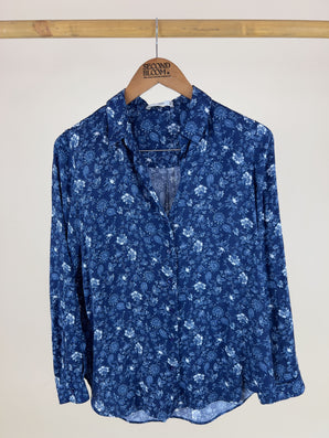 Vibrant Navy Blue Shirt with  Delicate Floral Print- Size: M