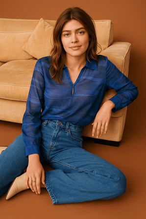 100% Silk Blouse in Royal Blue Color-Size: M/L