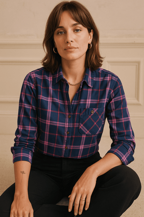 All Cotton Plaid Shirt in Navy Base - Size: L