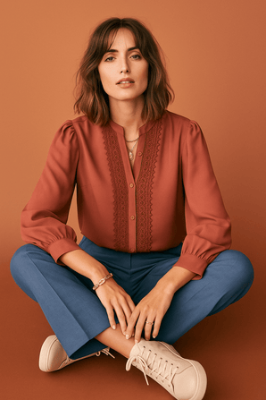Maroon Lace Trim Blouse-Size: XXL