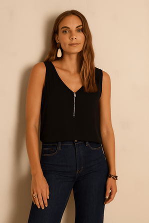 Black Sleeveless Zip Blouse - Size: S