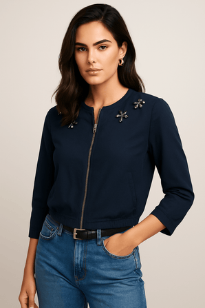 Black Bomber Style Jacket with Jewels - Size: S