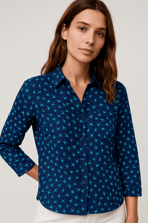 Navy Shirt with Turquoise Bird Motif - Size: M
