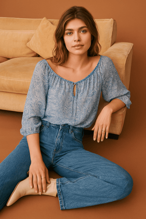 Soft Blue Paisley Blouse with Ruffled Edges - Size: L