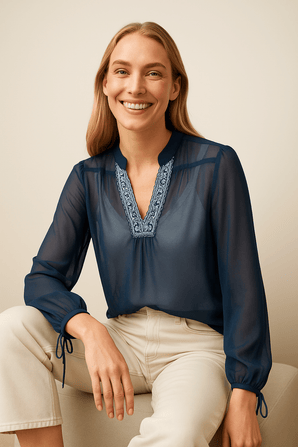 Sheer Blouse with Delicate Embroidery Neckline Size: S/M