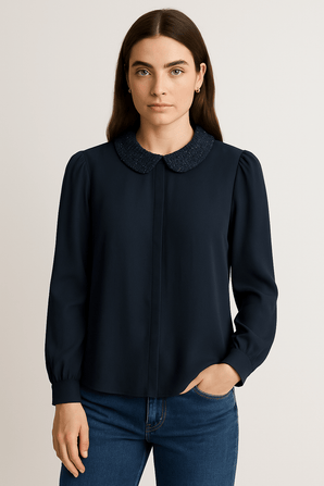Beaded Pan Collar Flowy Blouse - Size: S