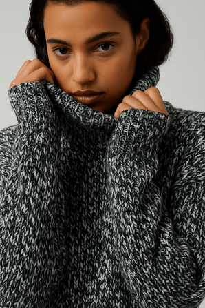 Polo Neck Jumper in Black and White Marl-Size: XS