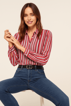 Vibrant Stripe Blouse in Shades of Red,Pink,White and Black - Size: L
