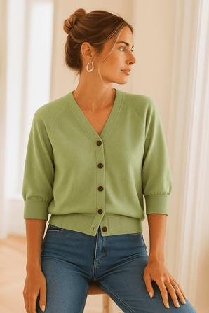 Linen Blend V-neck Cardigan  - Size: M