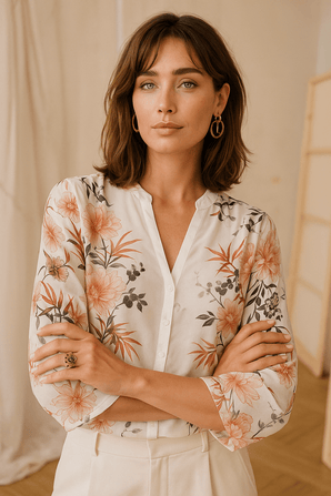 White Base Blouse with Blush Pink Floral Blooms - Size: M